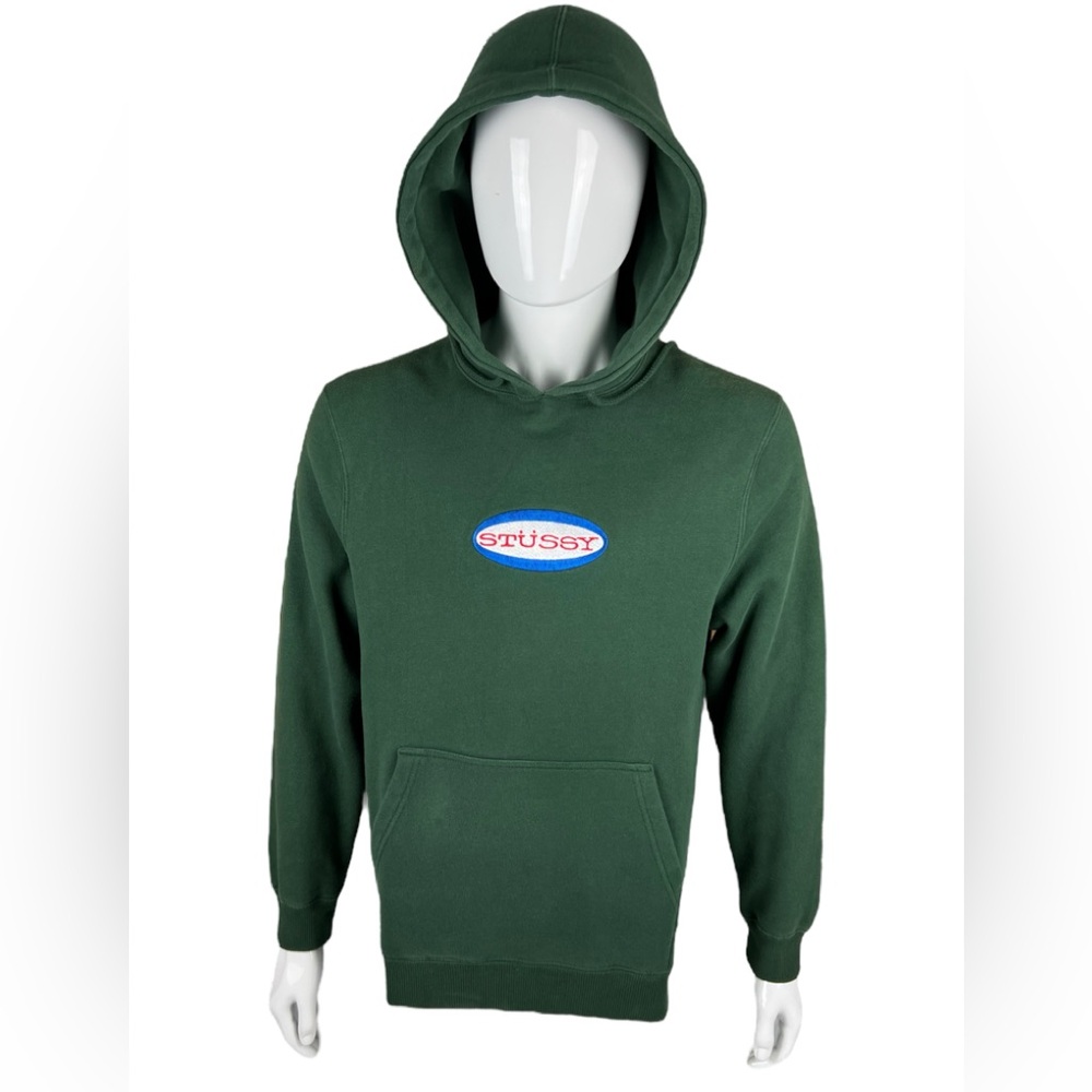 Stussy Mens Medium Hoodie Sweatshirt Green Embroidered Logo Cotton Blend - Picture 2 of 10